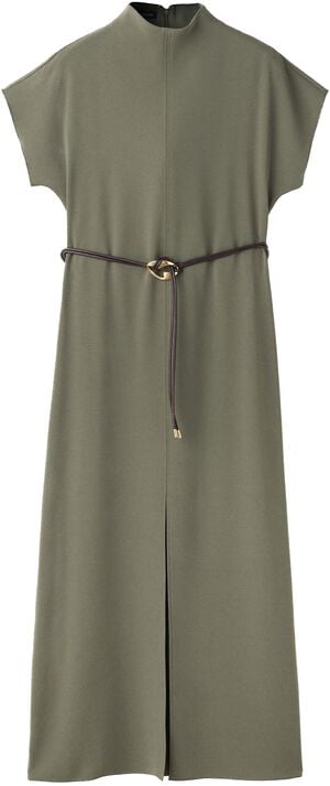High-neck dress with belt