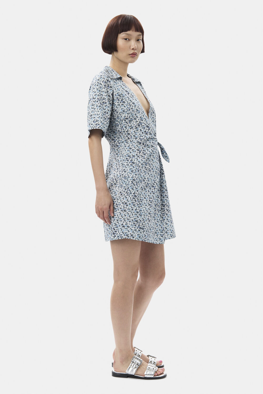 Printed Cotton Wrap Mini Dress