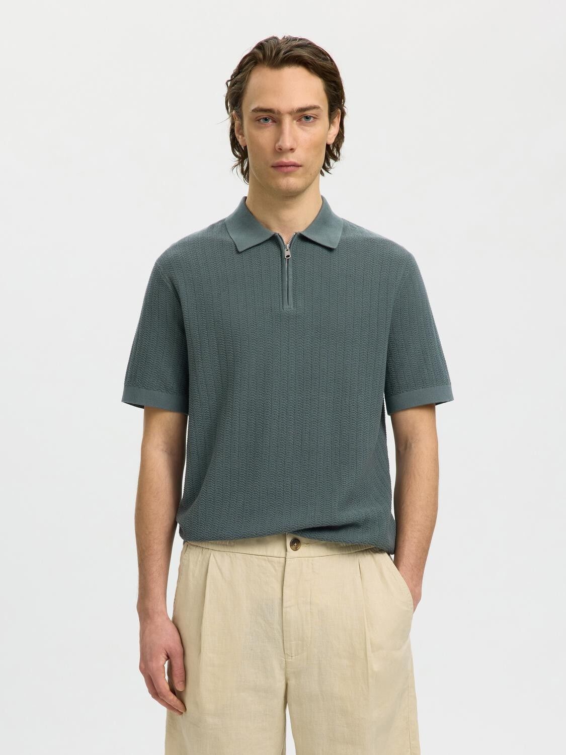 Slmcran Ss Knit Structure Zip Polo Noos