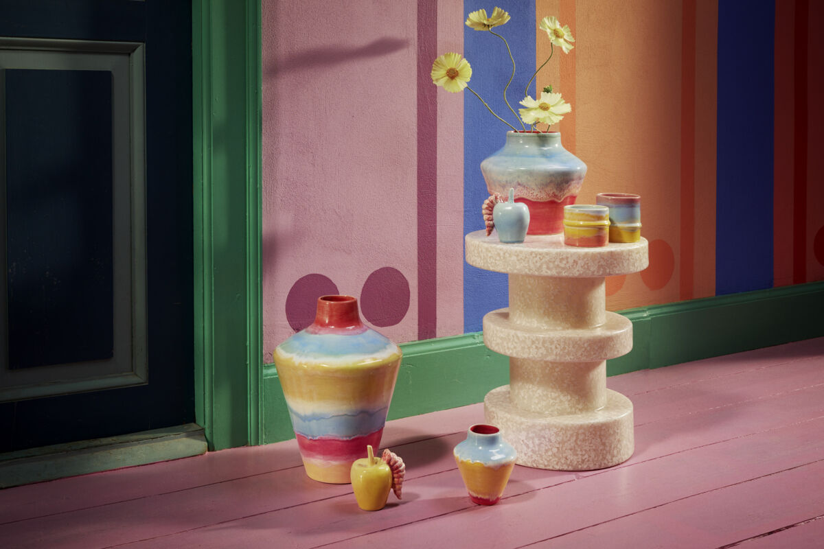 Poppery Vase med &aelig;ble H32 cm pink/mint/gul