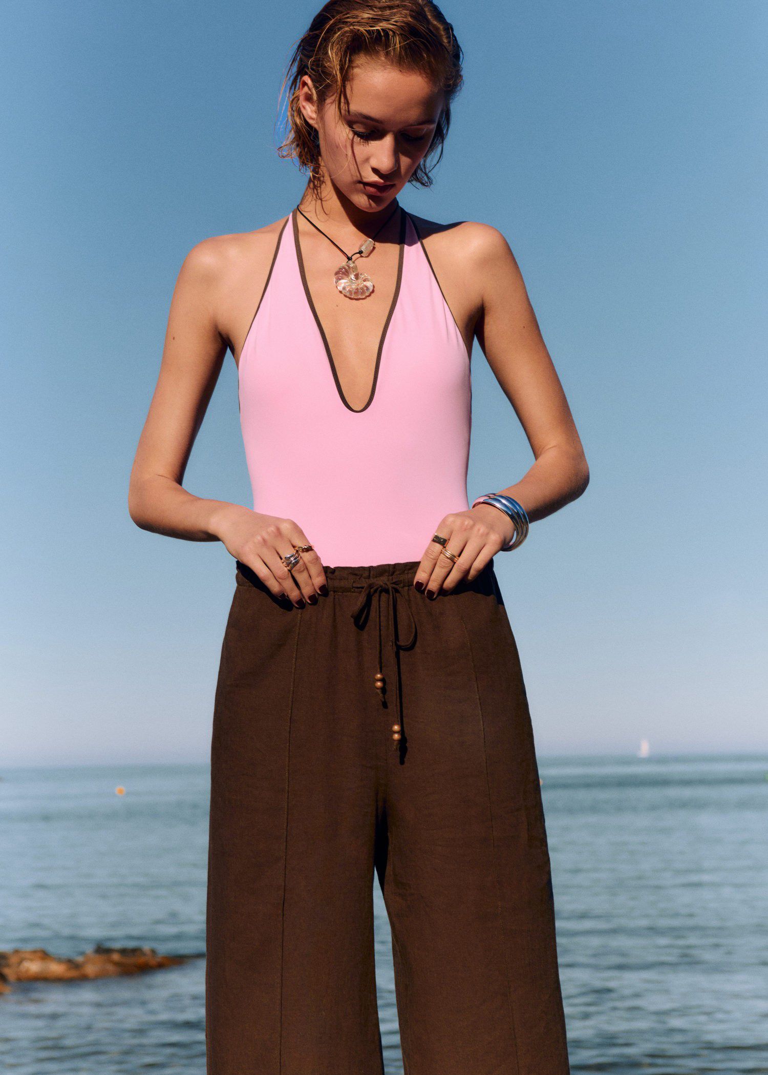 Linen-blend elastic waist trousers