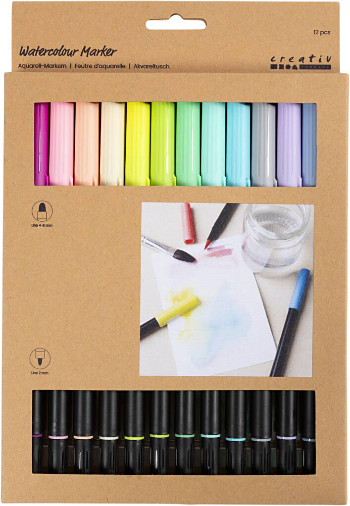 Akvareltusch, Pastel, streg 2+4-8 mm, ass. farver