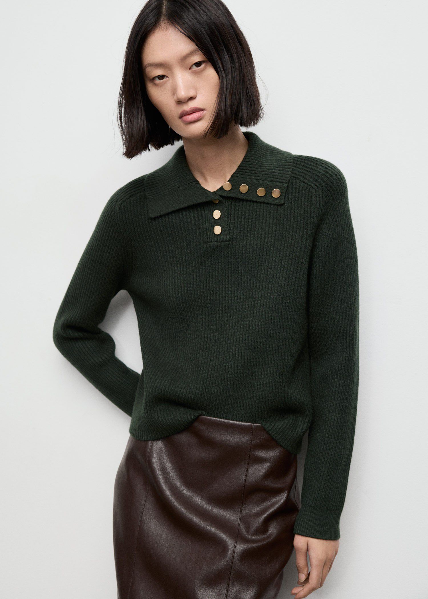 Ribbed polo-neck sweater with butto