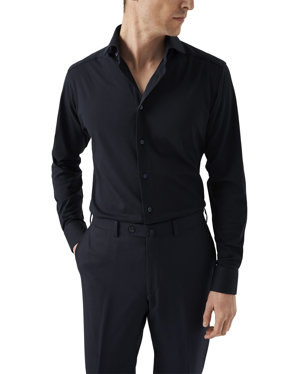 Slim Fit Navy Blue Solid Four-Flex Stretch Shirt