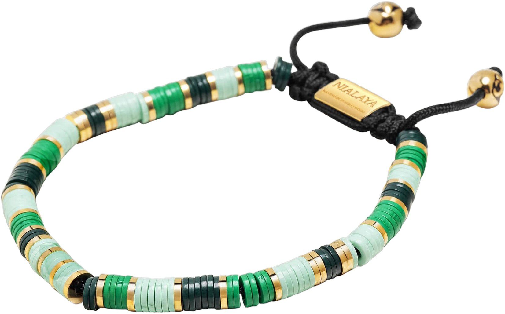 Men's Beaded Bracelet with Light Green and Gold Disc Beads