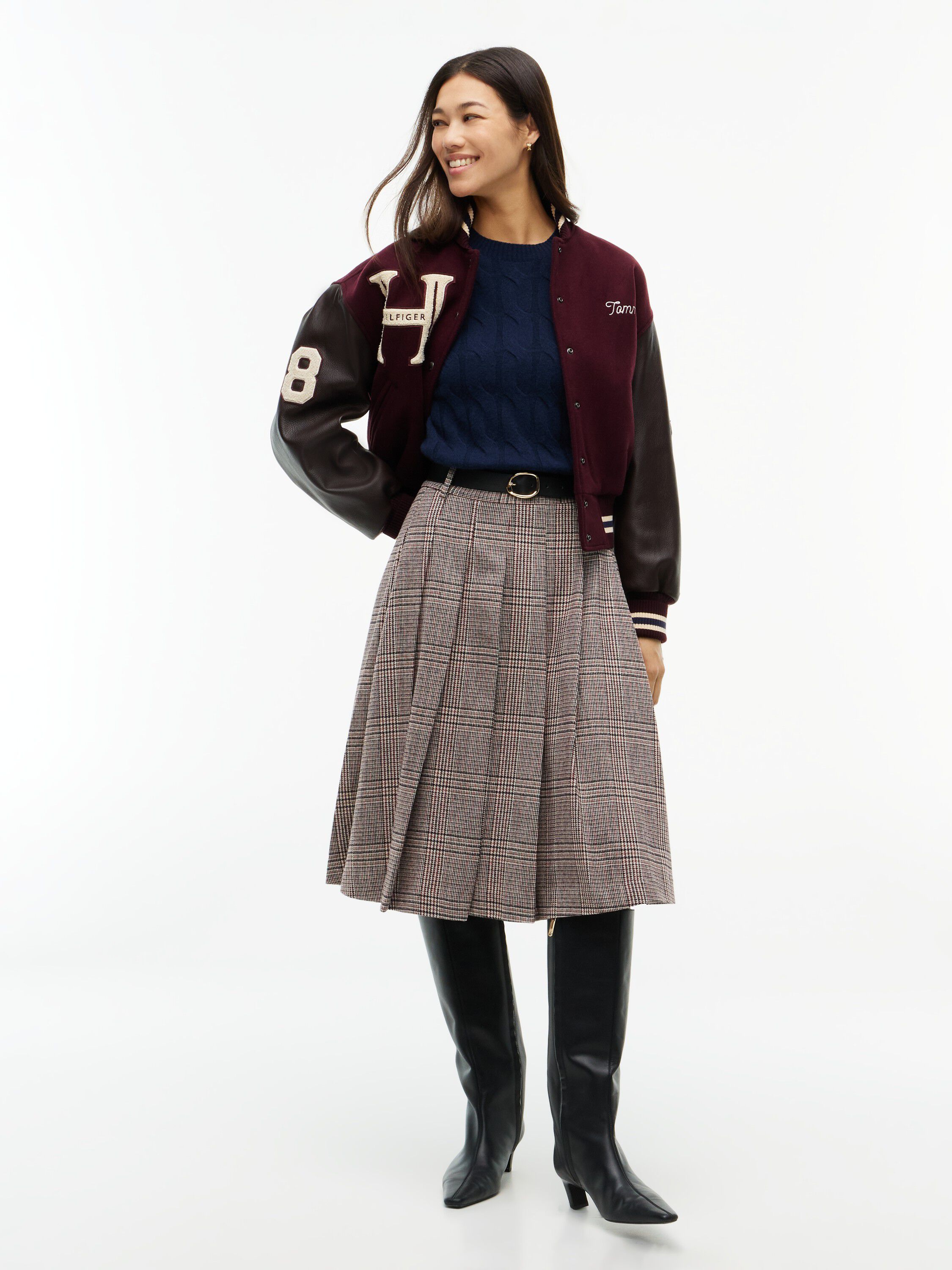 Textured Wool Blend Check Pleated Skirt