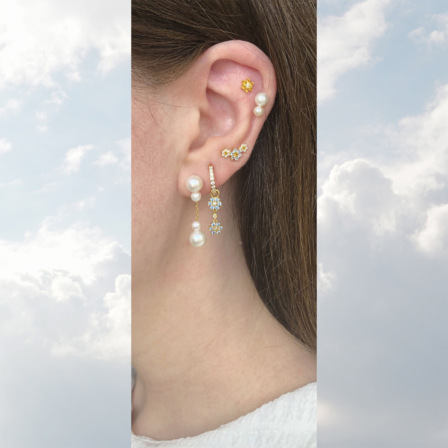 Trois Fleurs Stud Light Blue/Orange