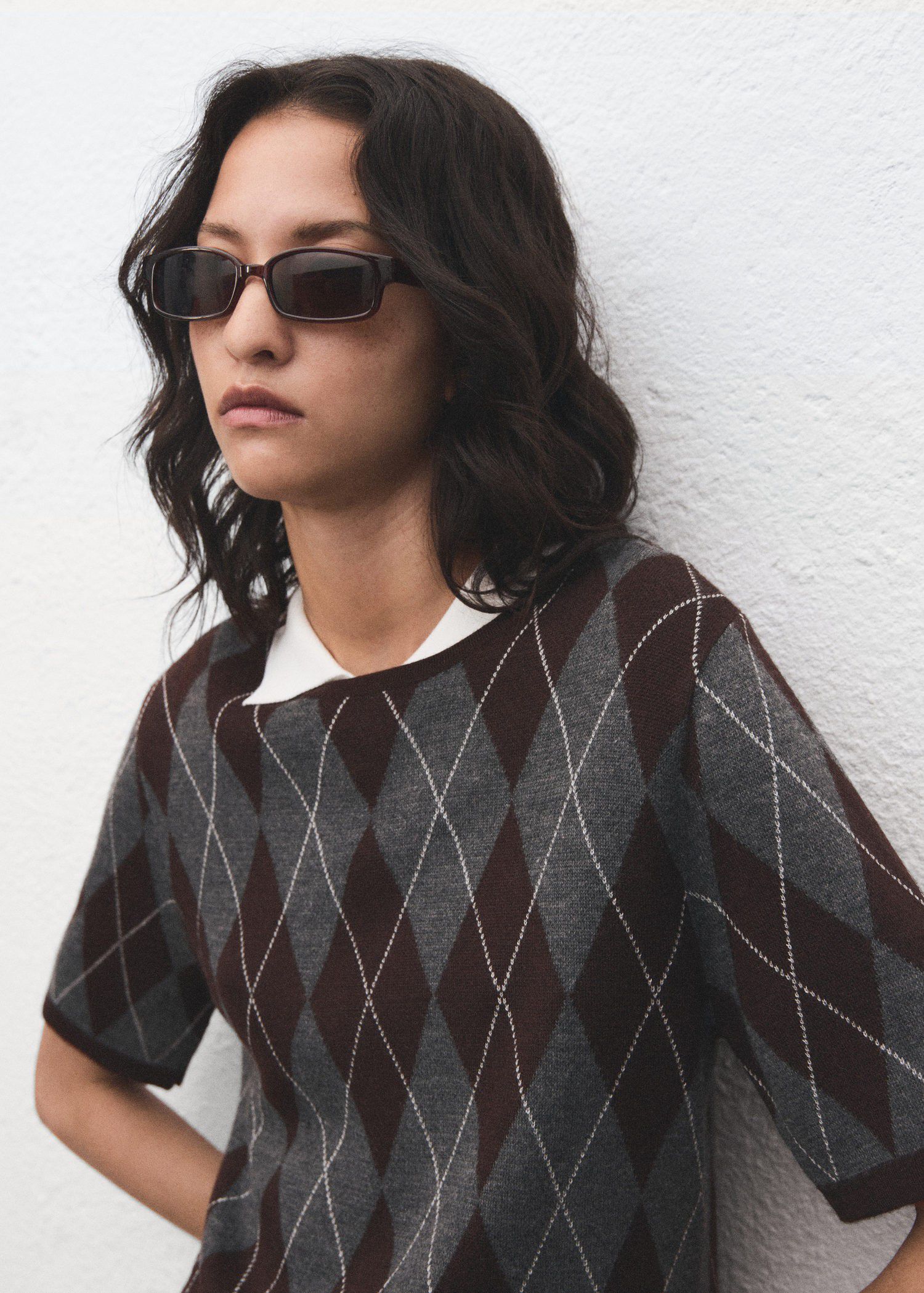 Short-sleeve argyle jumper