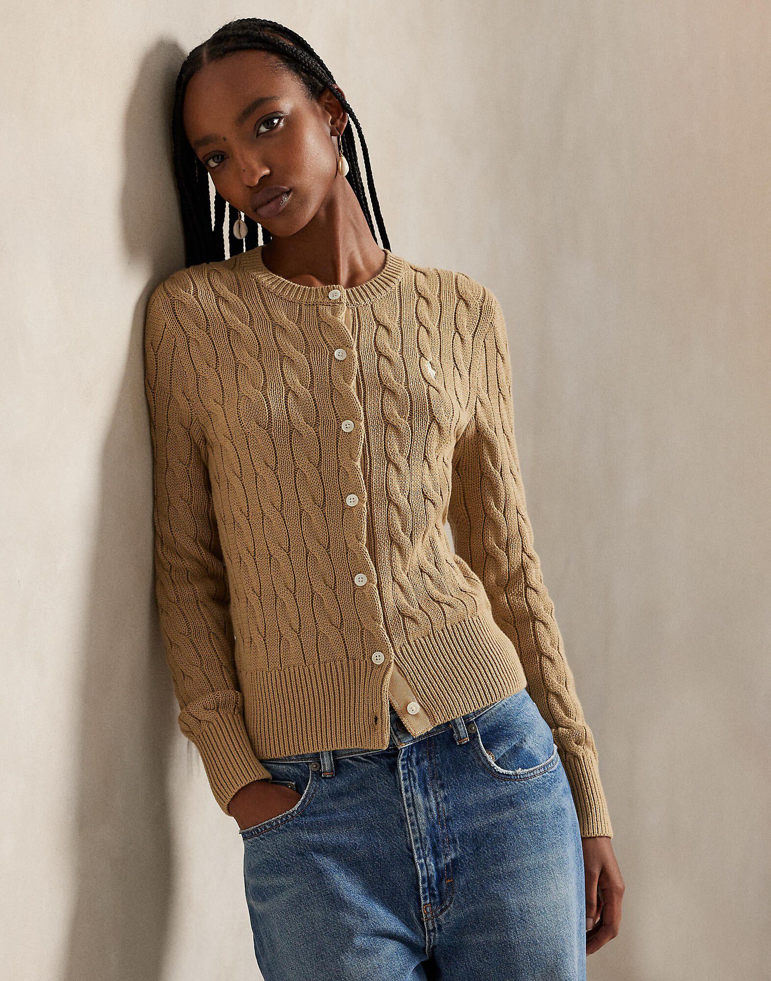 Cable-Knit Cotton Crewneck Cardigan