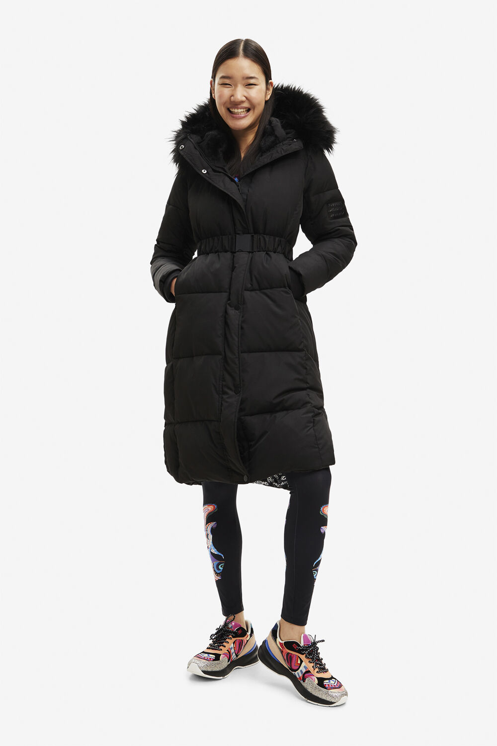 White quilted coat with fur-effect hood