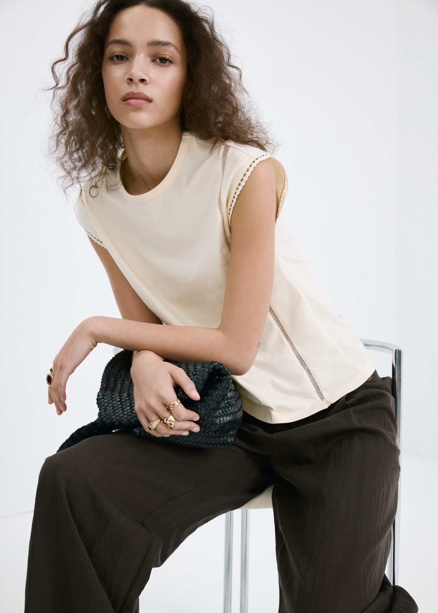 Embroidered cutwork cotton T-shirt