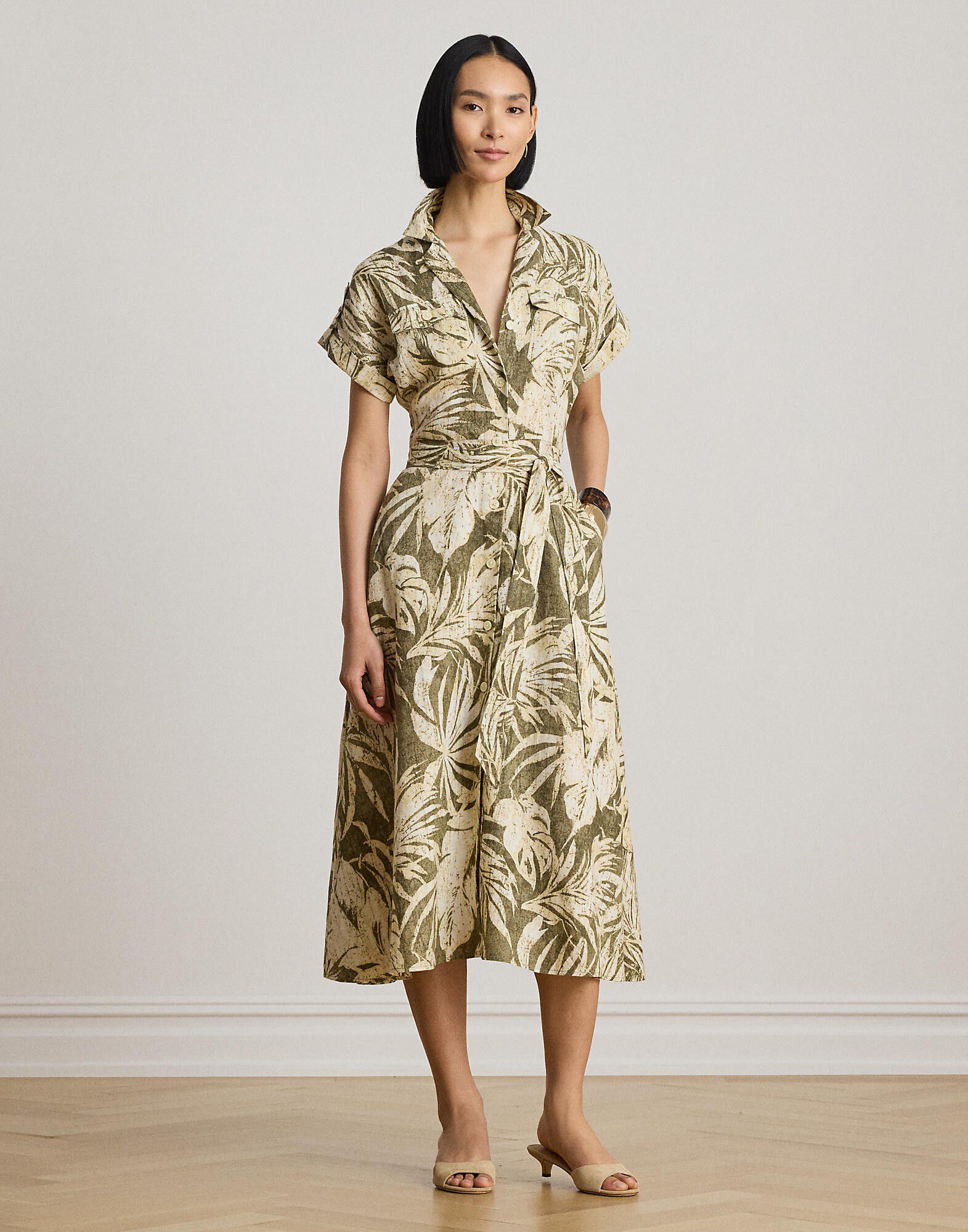 Palm-Frond-Print Linen Camp Shirtdress