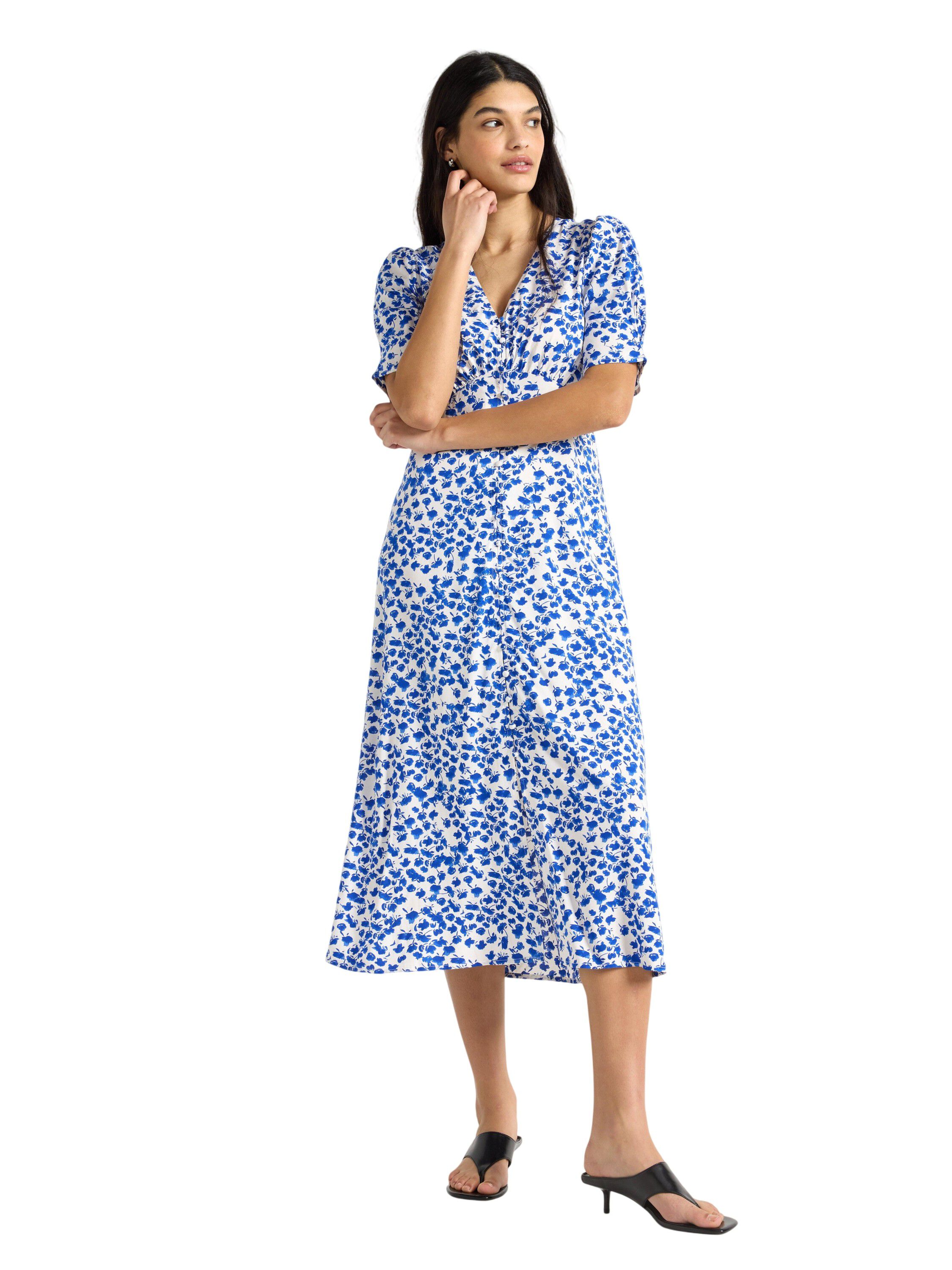 Midi dress with short, puff sleeves