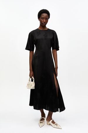 Fluid Satin Jacquard Slit Long Dres