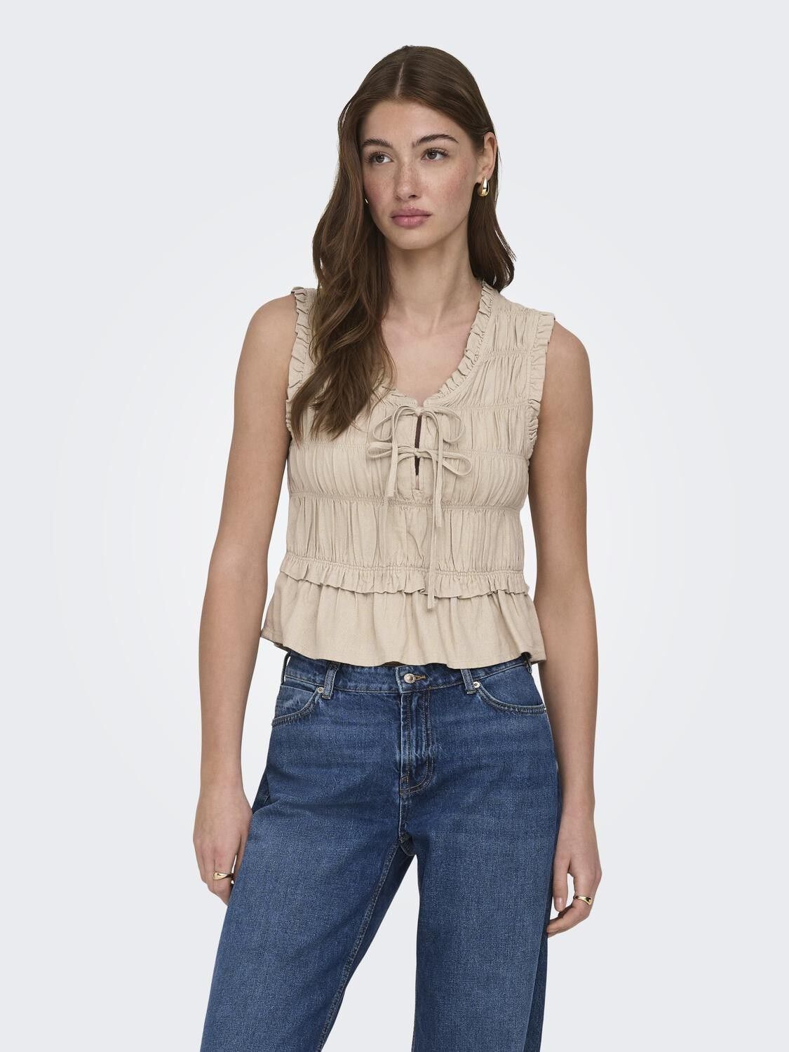 Onlgoa S/S Linen Bl Frill Top Cc Pnt