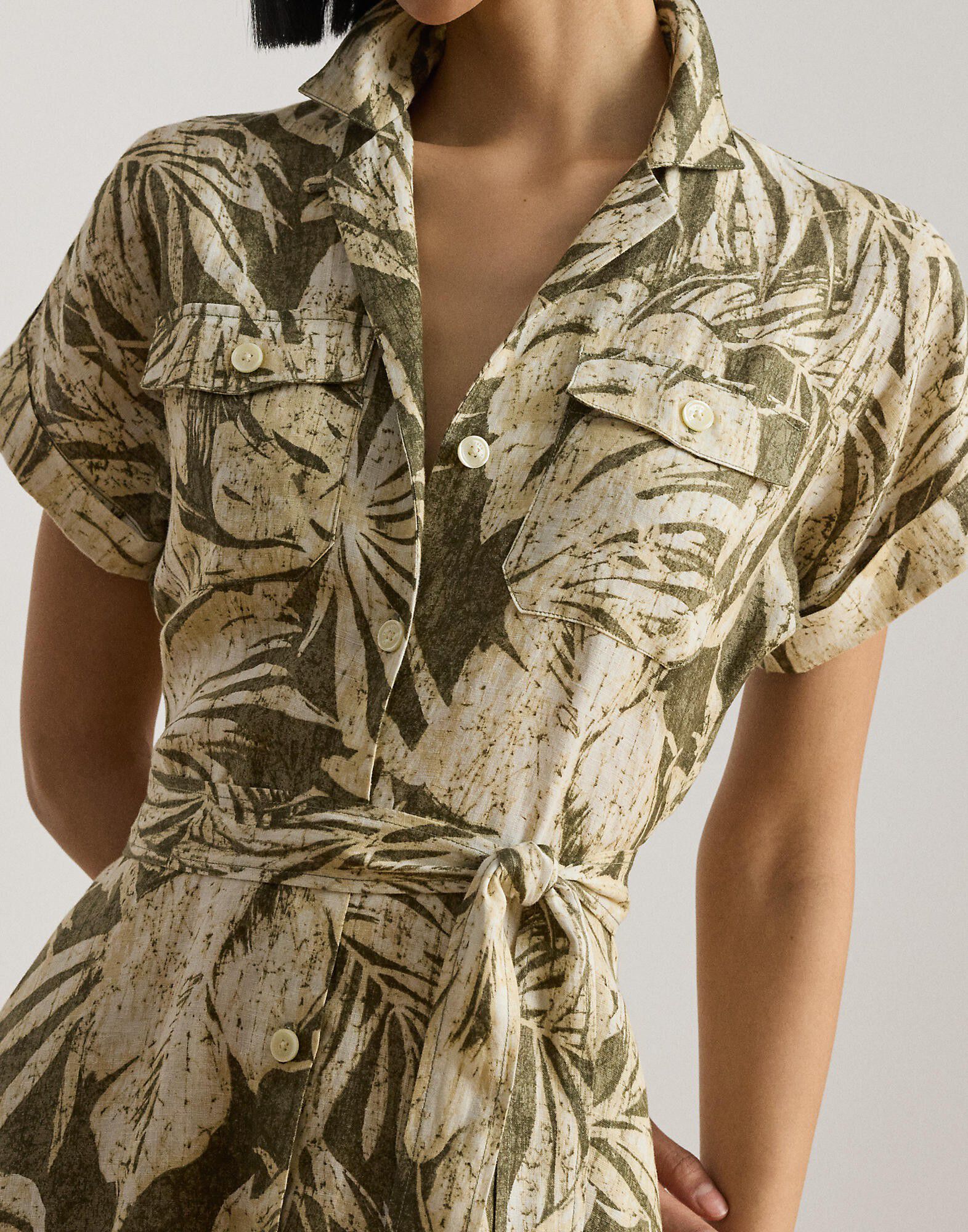 Palm-Frond-Print Linen Camp Shirtdress