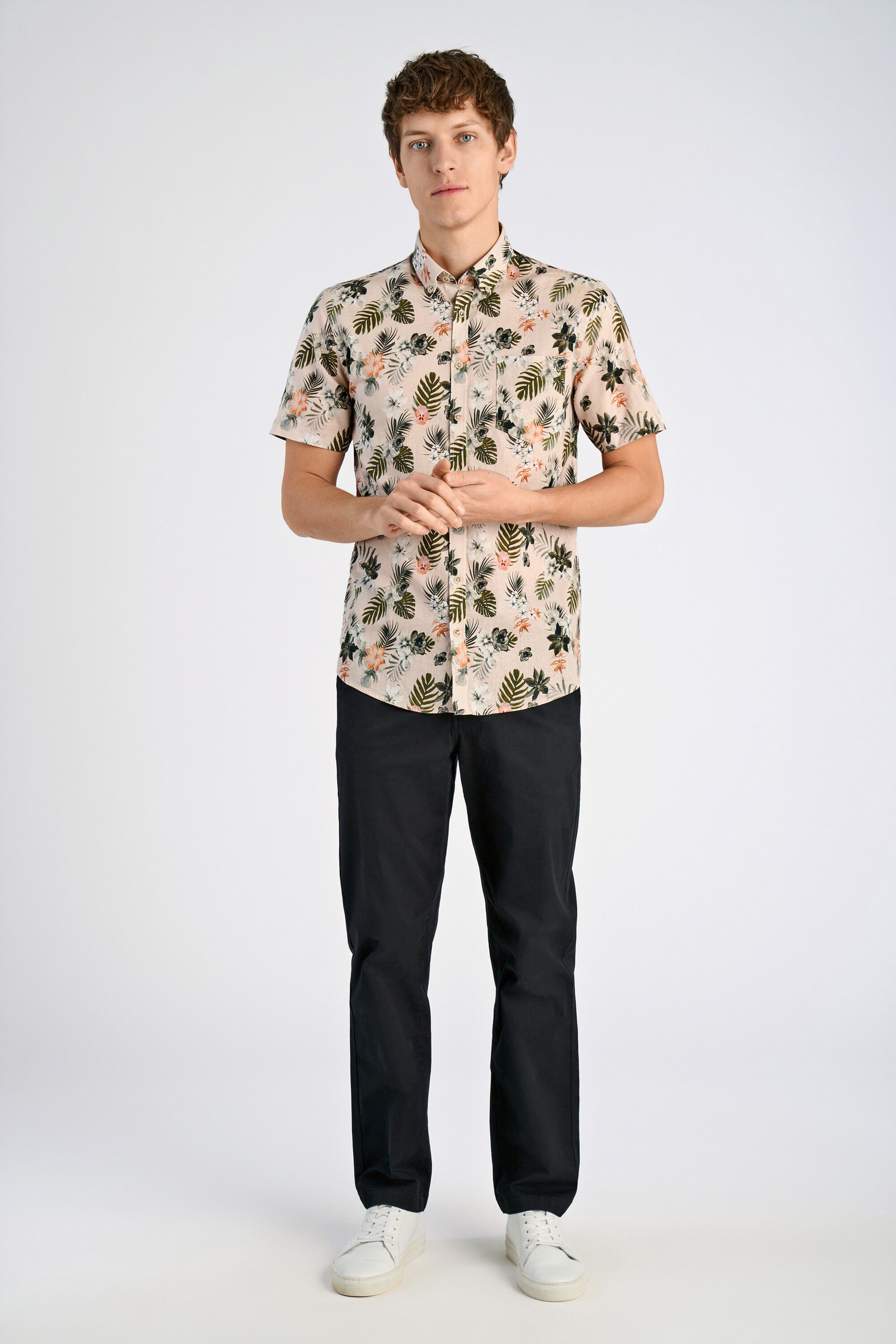 Printed cotton/linen shirt S/S