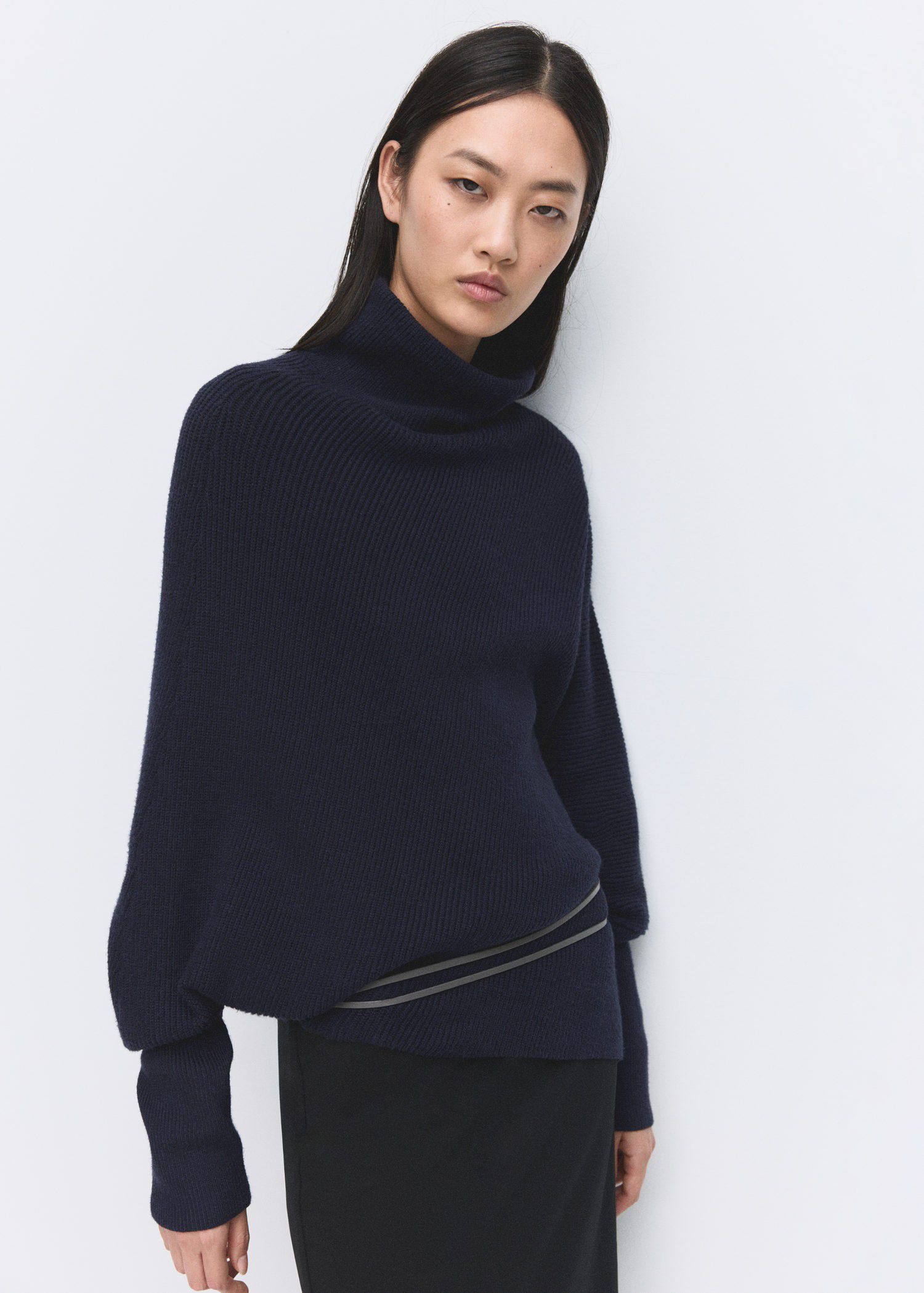 Sweater with asymmetrical roll neck
