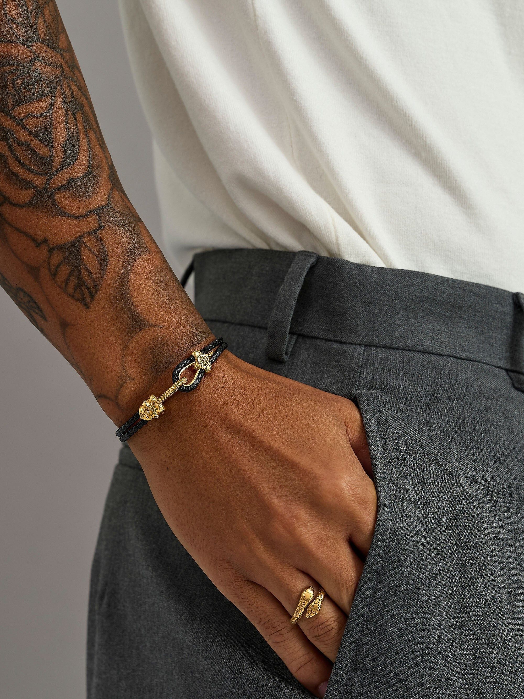 Black Leather Bracelet with Gold Rope Clasp