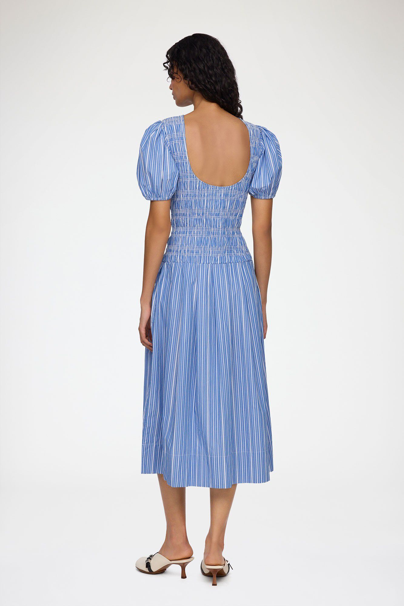 Stripe Cotton Long Smocked Pleated