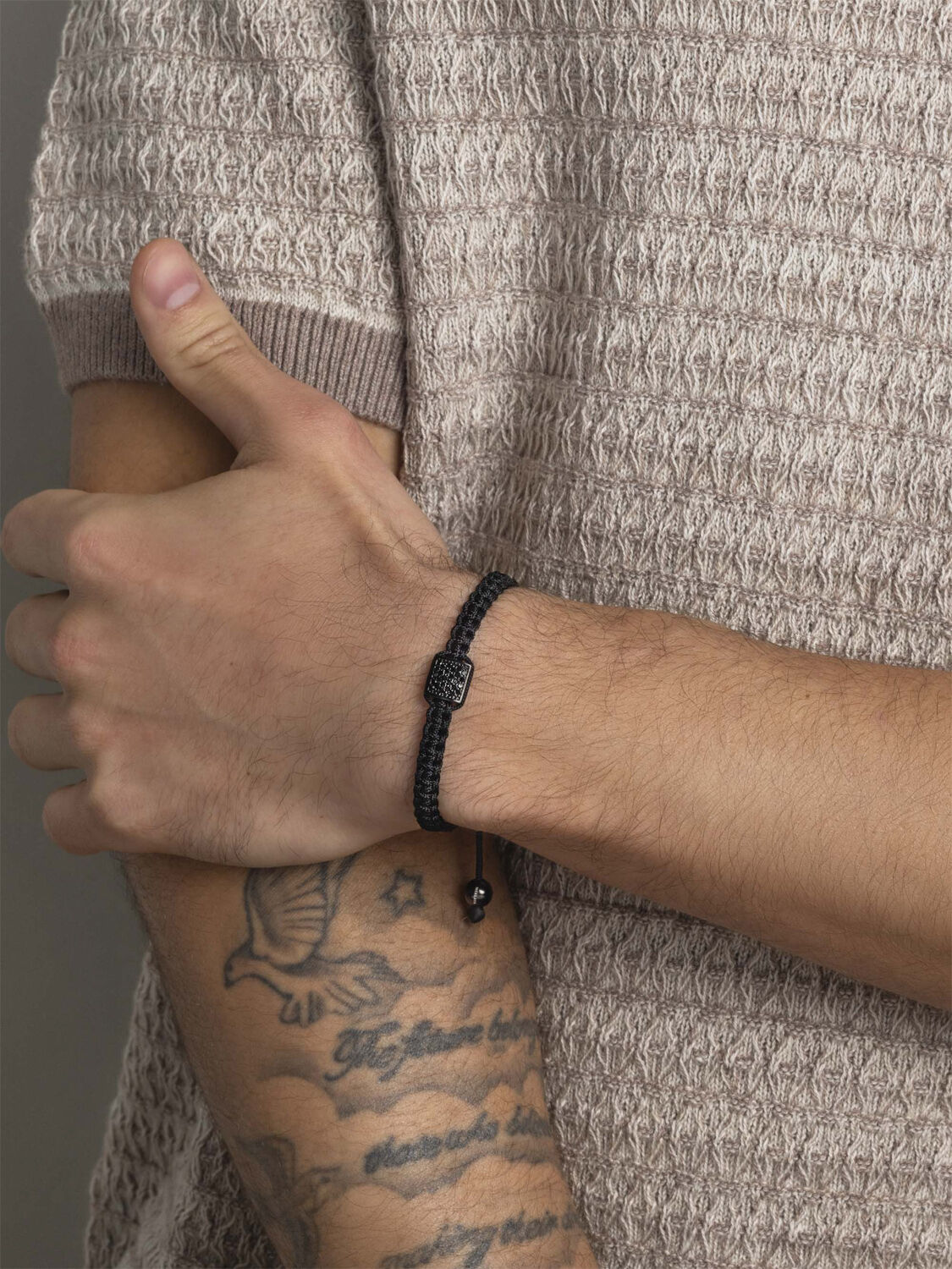 Men's Black String Bracelet with Black CZ Flatbead