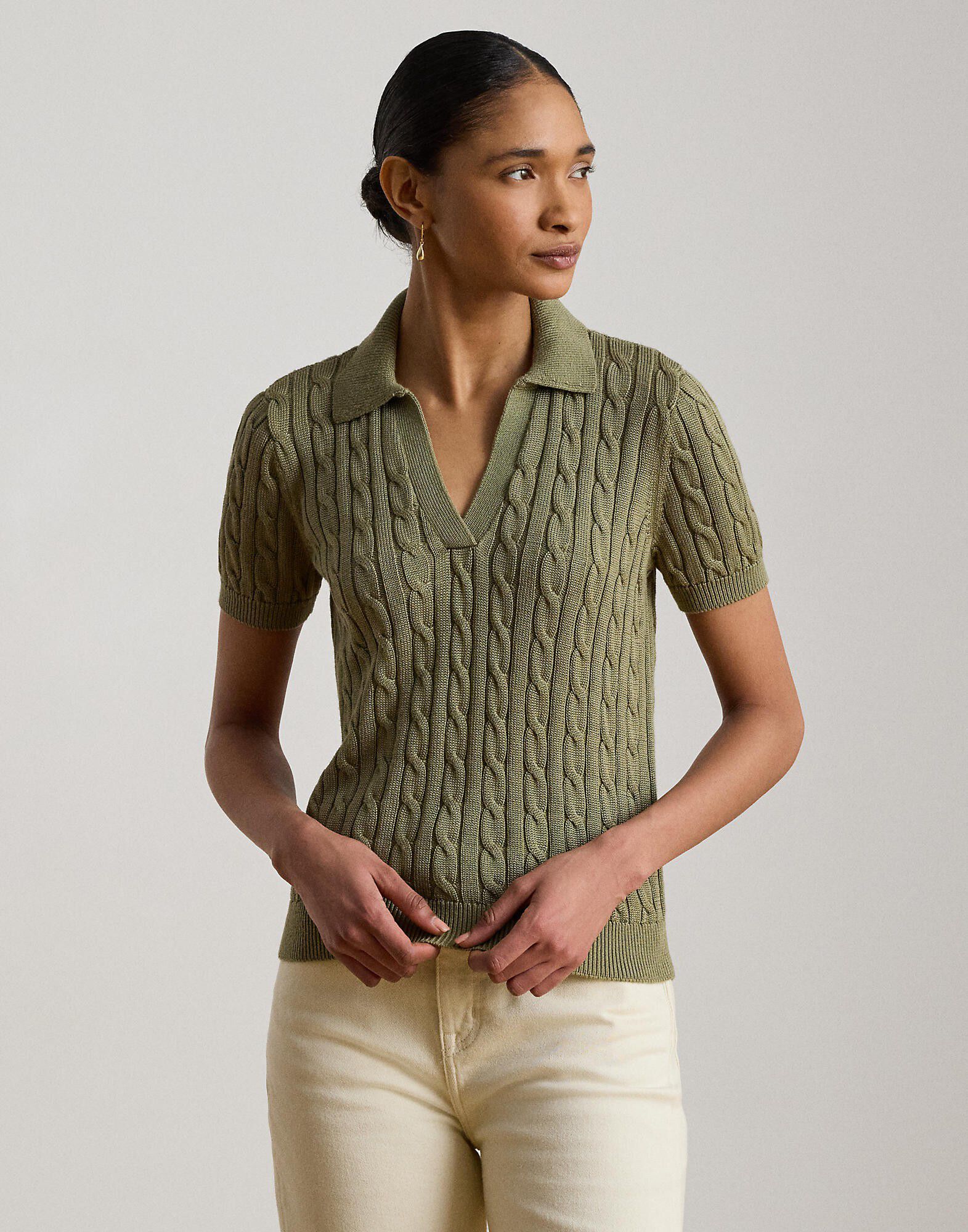 Cable Cotton-Blend Short-Sleeve Sweater