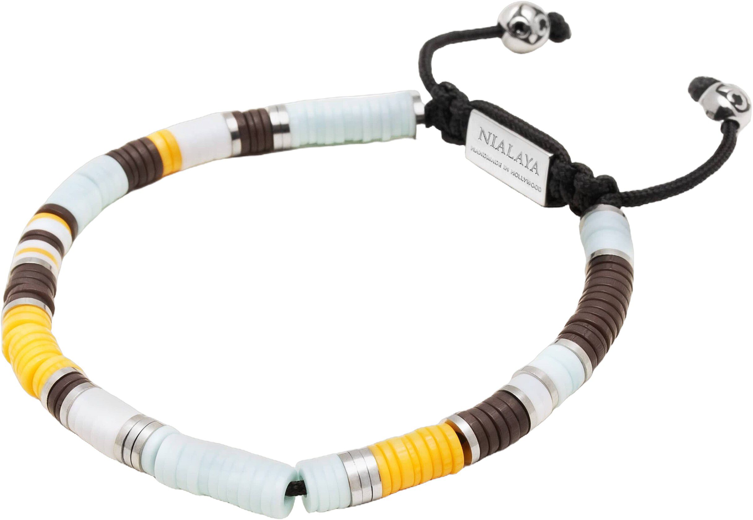 Men's Beaded Bracelet with Blue, Brown, Orange, White, and Silver Disc