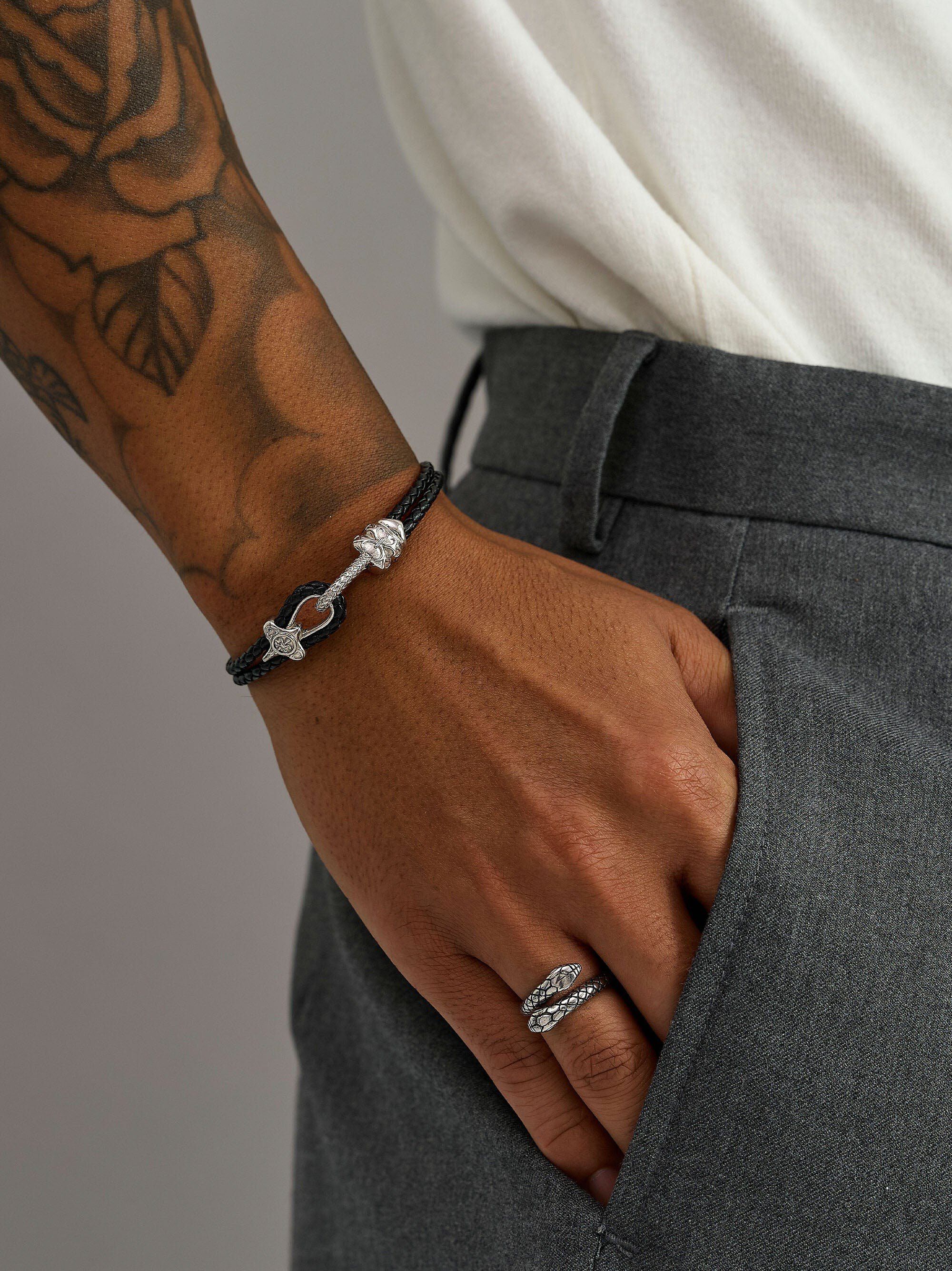 Black Leather Bracelet with Silver Rope Clasp