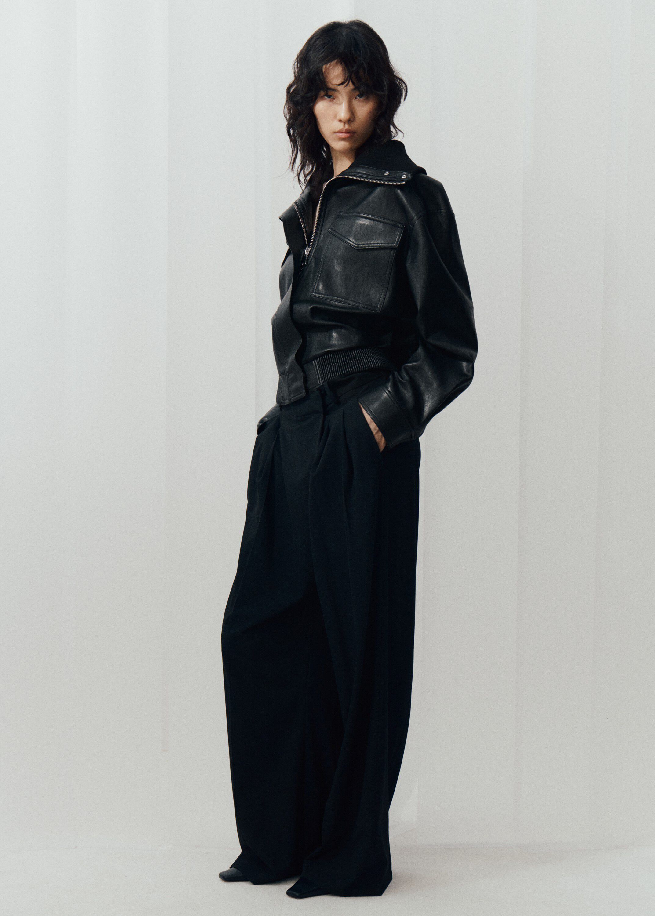 Faux leather jacket with ribbed col