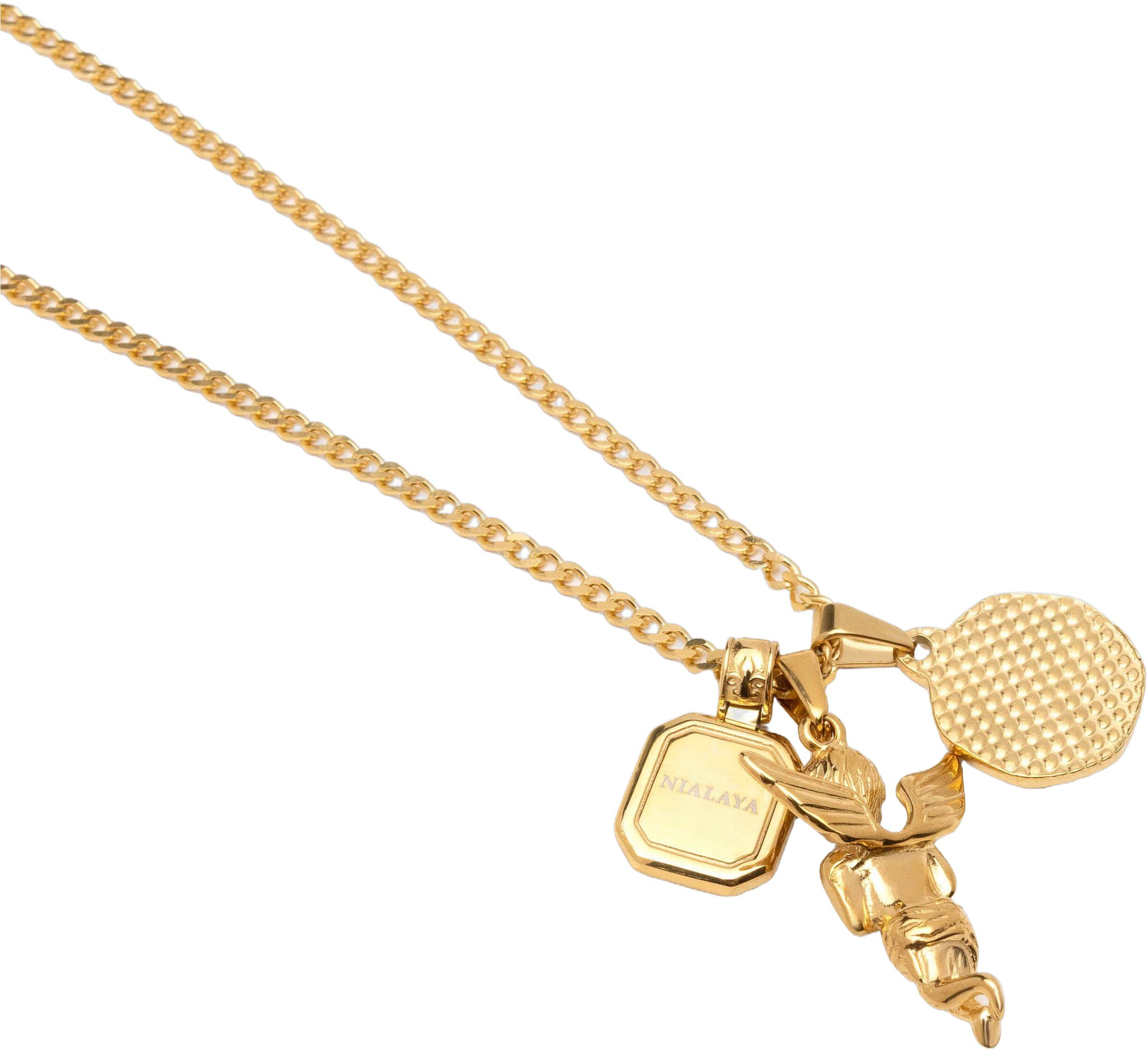 Men's Gold Talisman Necklace with Angel and Malachite Pendan