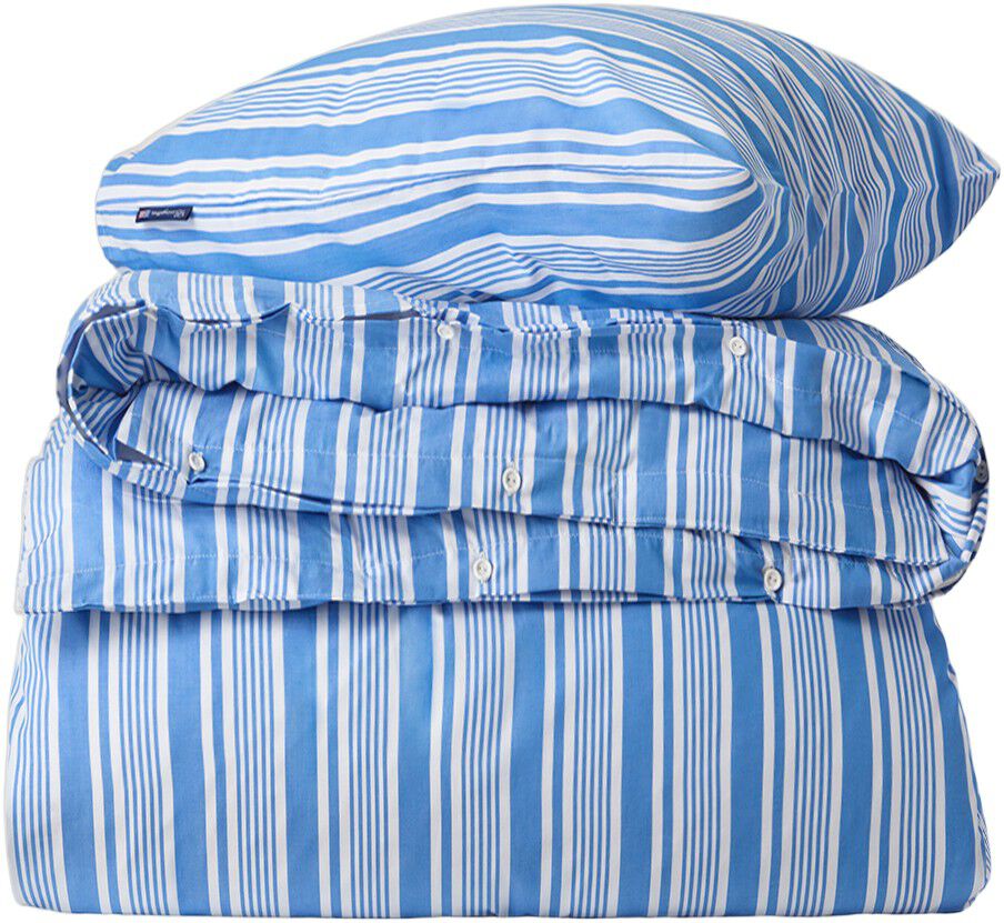 Randigt b�ddset i poplin, bl�/vit