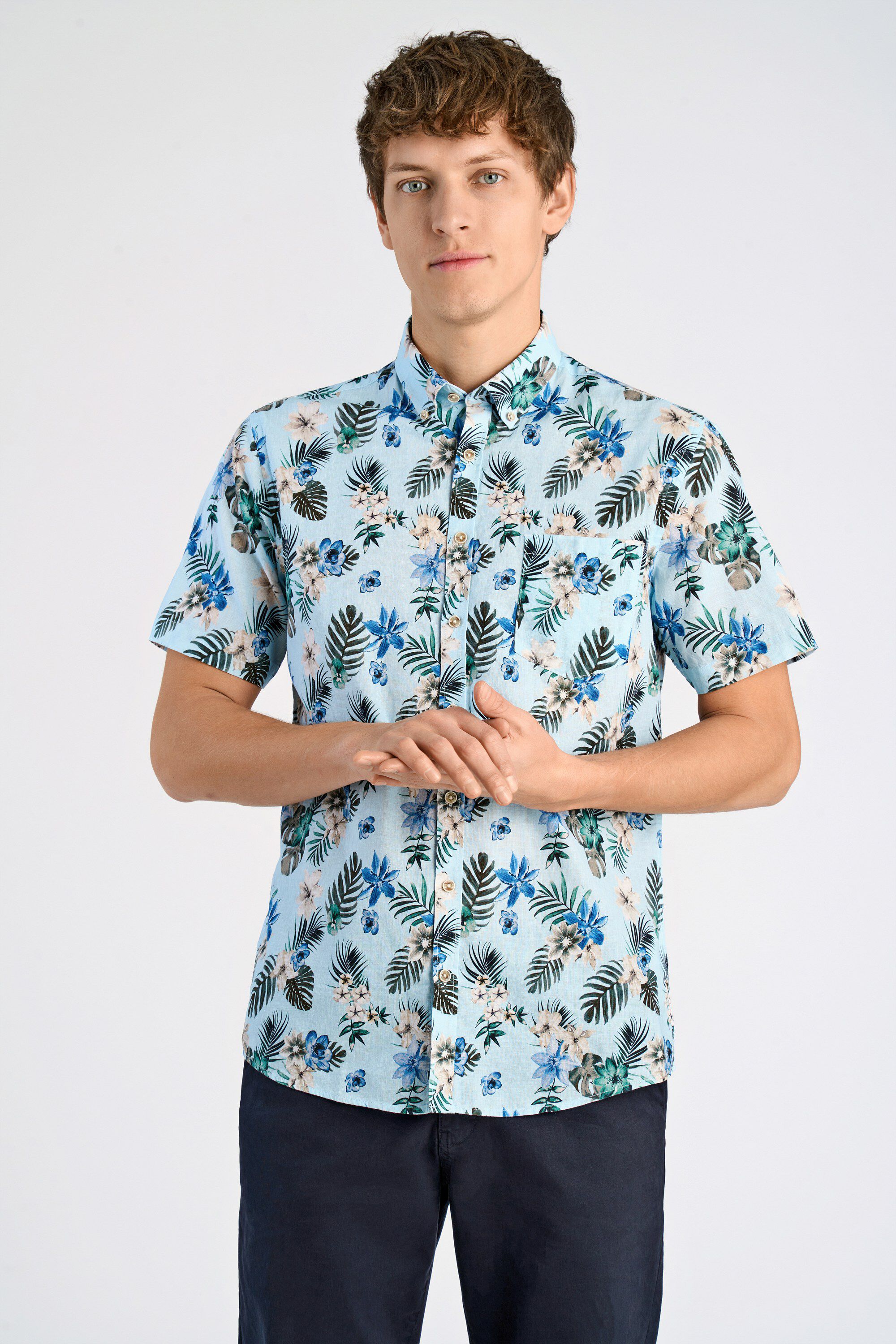 Printed cotton/linen shirt S/S