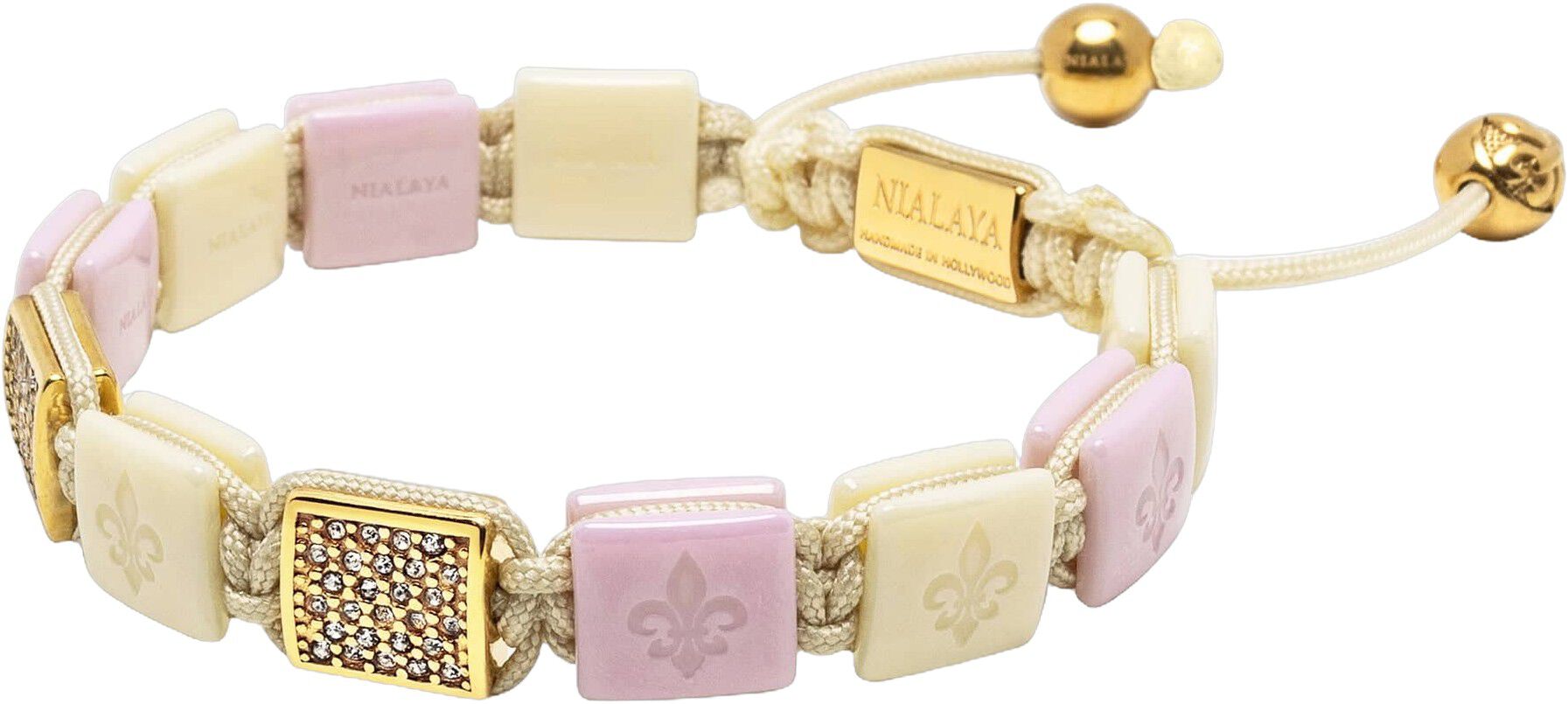 Women's Cream & Soft Pink Ceramic Flatbead Bracelet with Gol