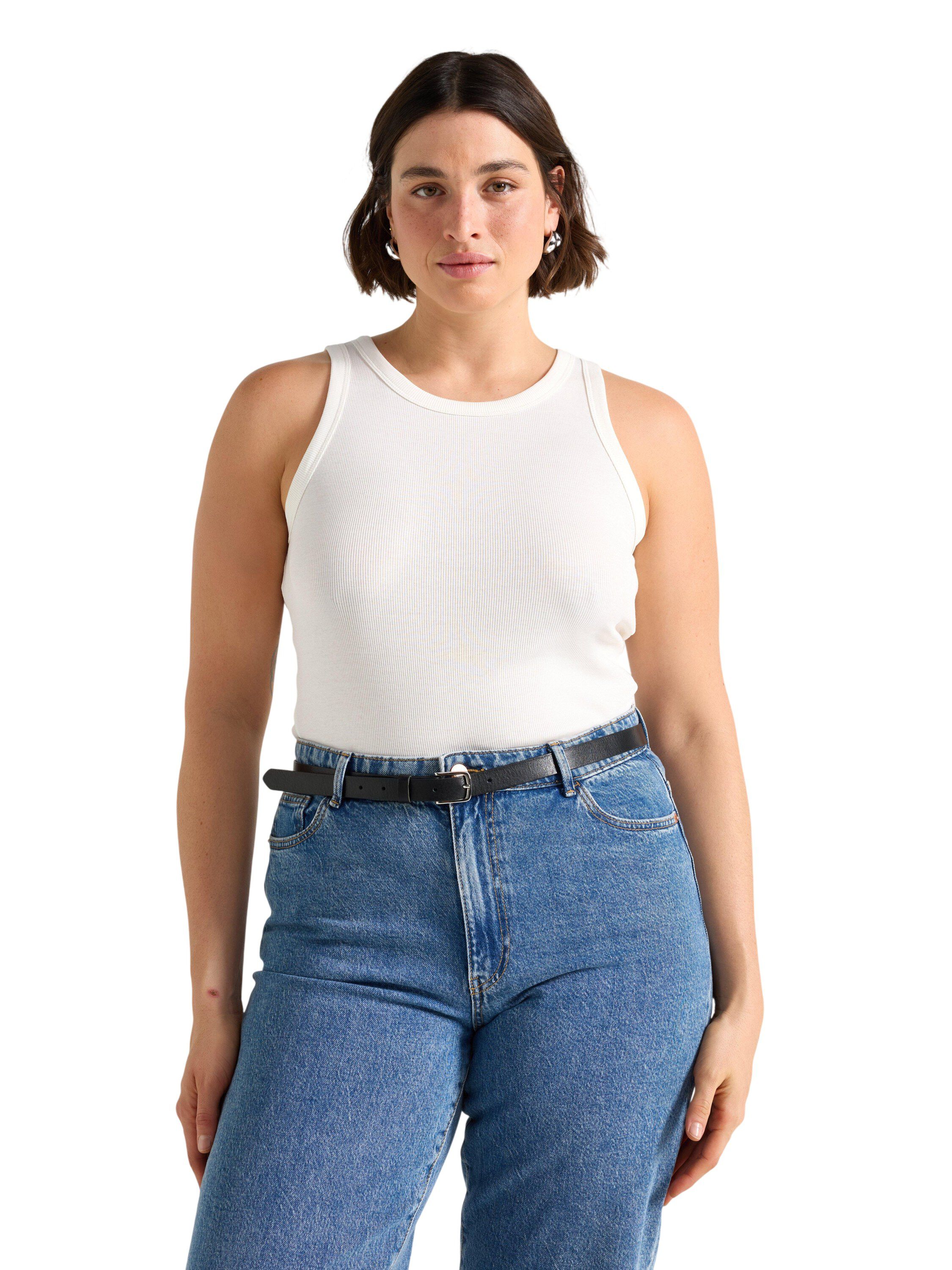 Ribbet tanktop i bl&oslash;d og elastisk b