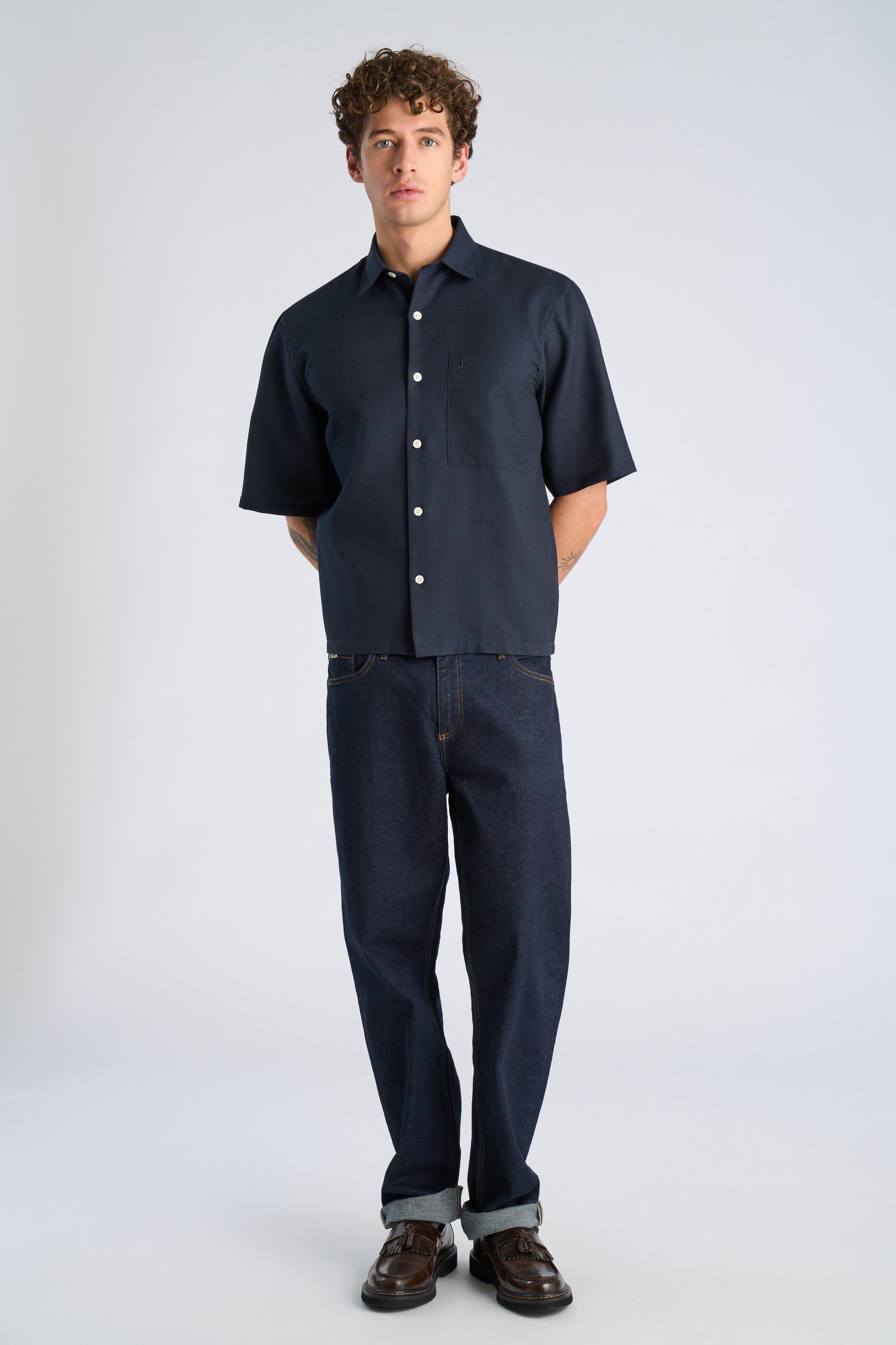 Solid dobby cotton shirt S/S