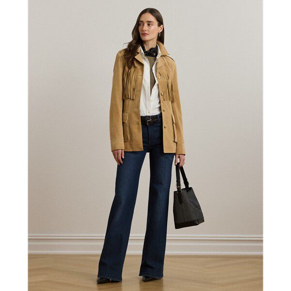 Fringe-Trim Belted Goat-Suede Jacket