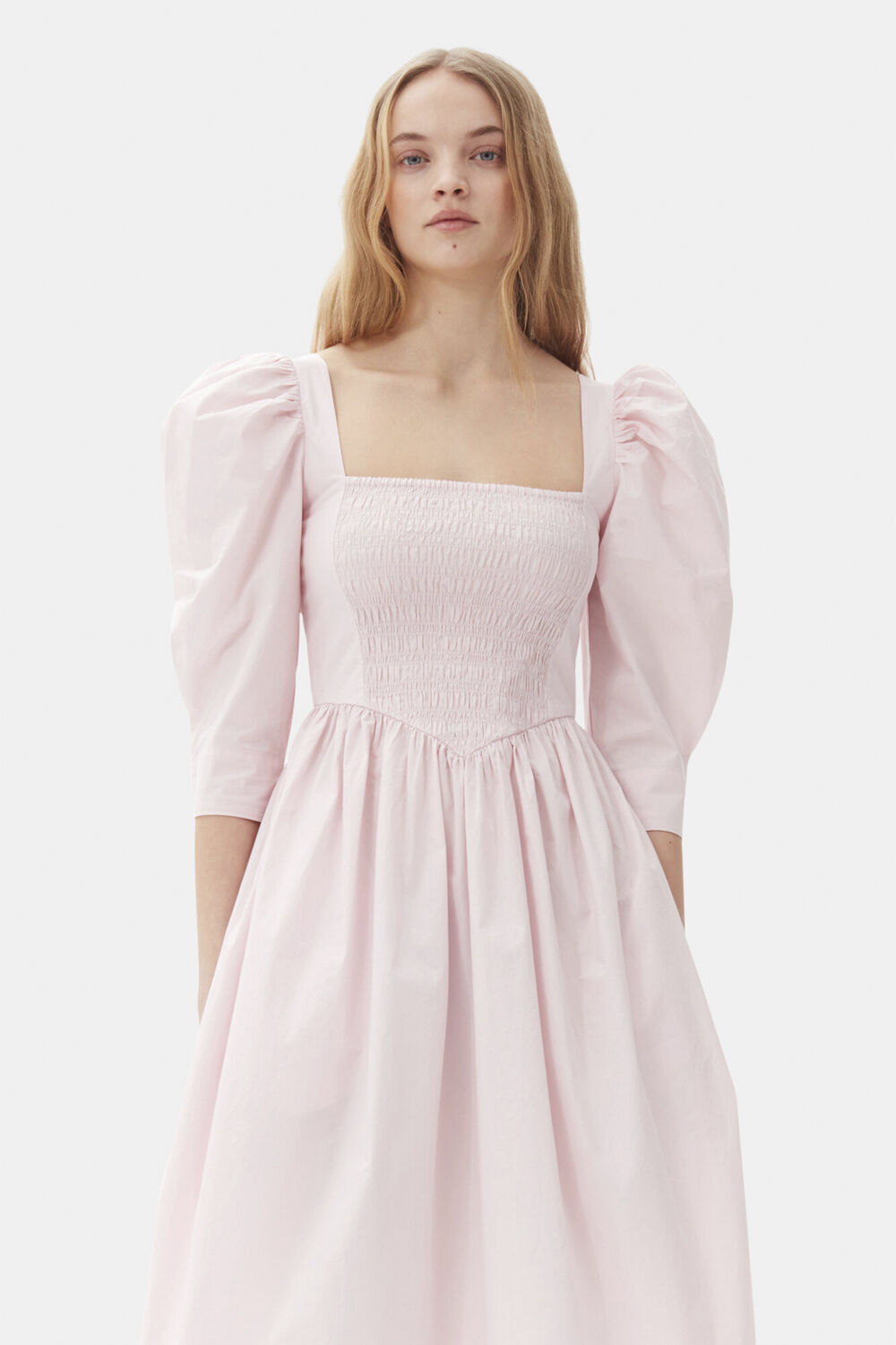 Cotton Poplin Open Neck Smock Dress