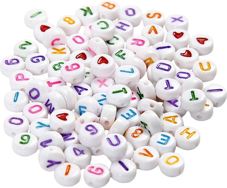 Bogstavperler, str. 7 mm, hulstr. 1,2 mm.