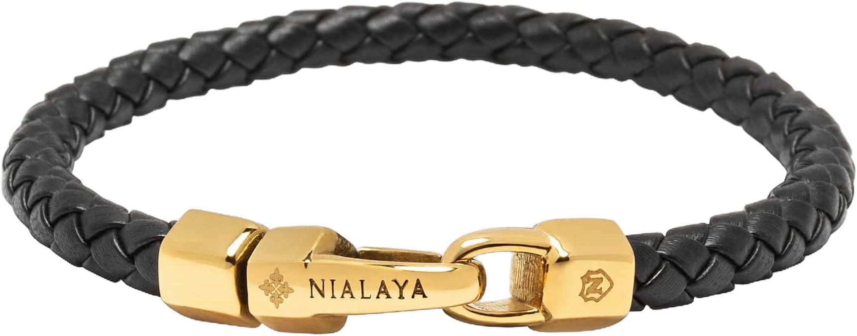 Braided Black Leather Bracelet in Gold