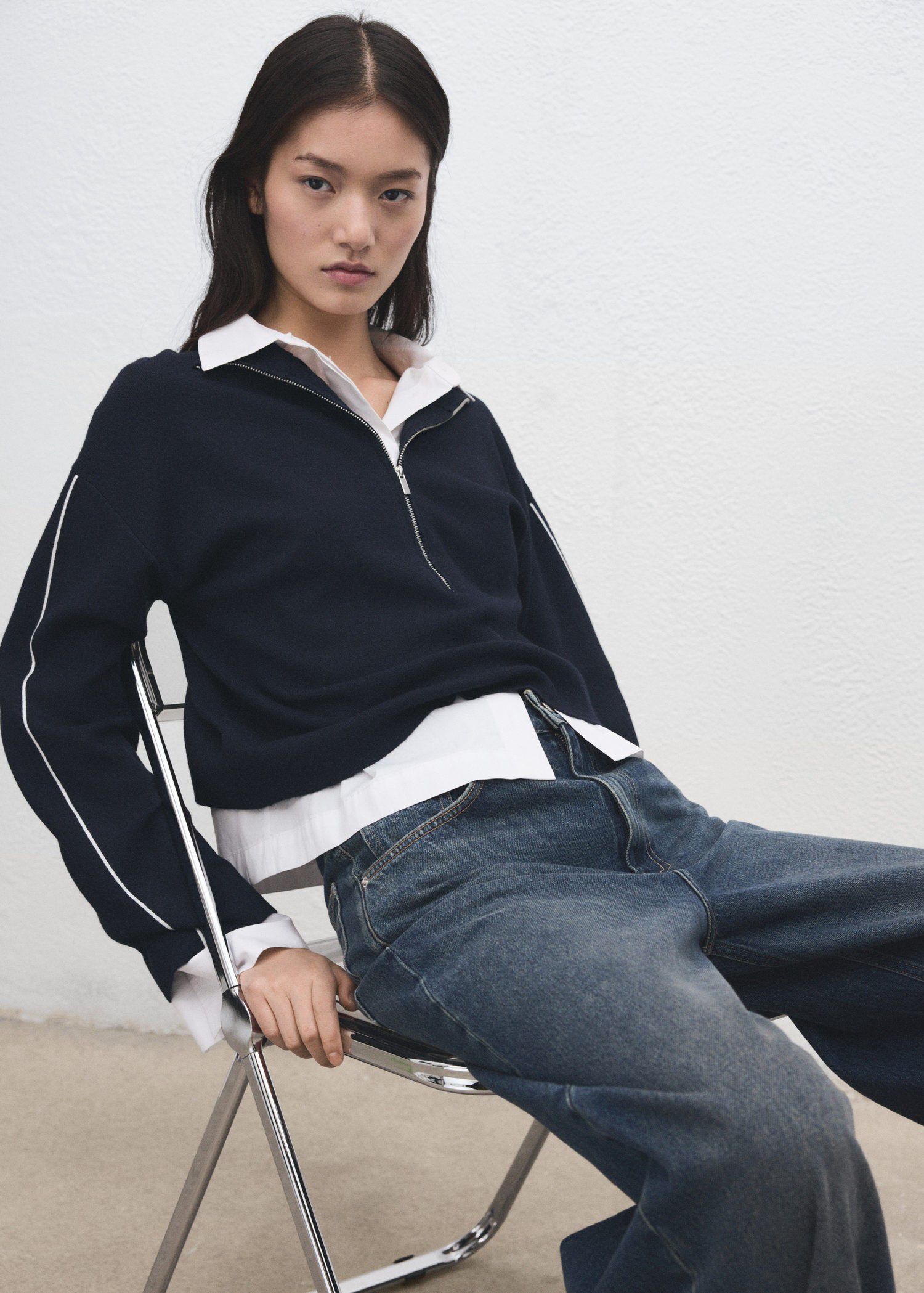 Zip neck contrast-stripe sweater