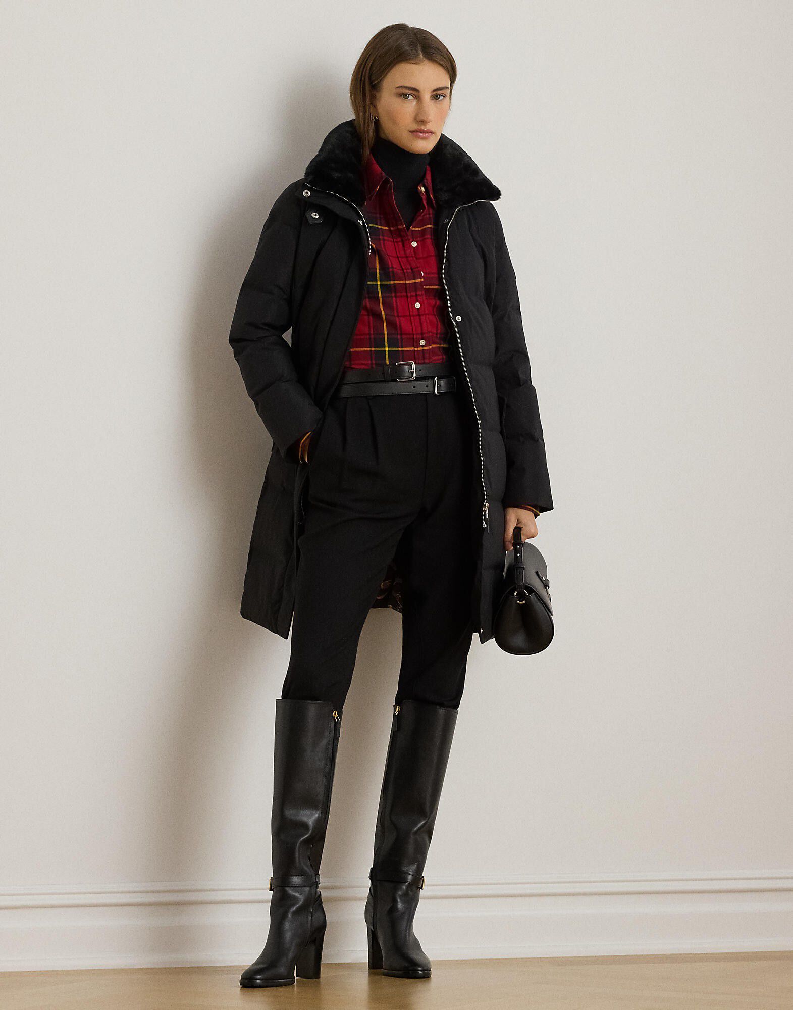 Faux-Fur-Trim Funnelneck Down Coat