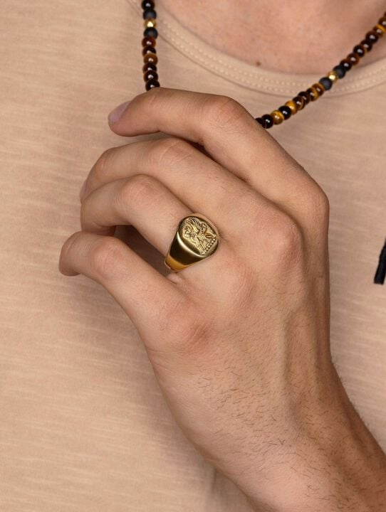 Men's Stainless Steel Lion Crest Ring with Gold Plating