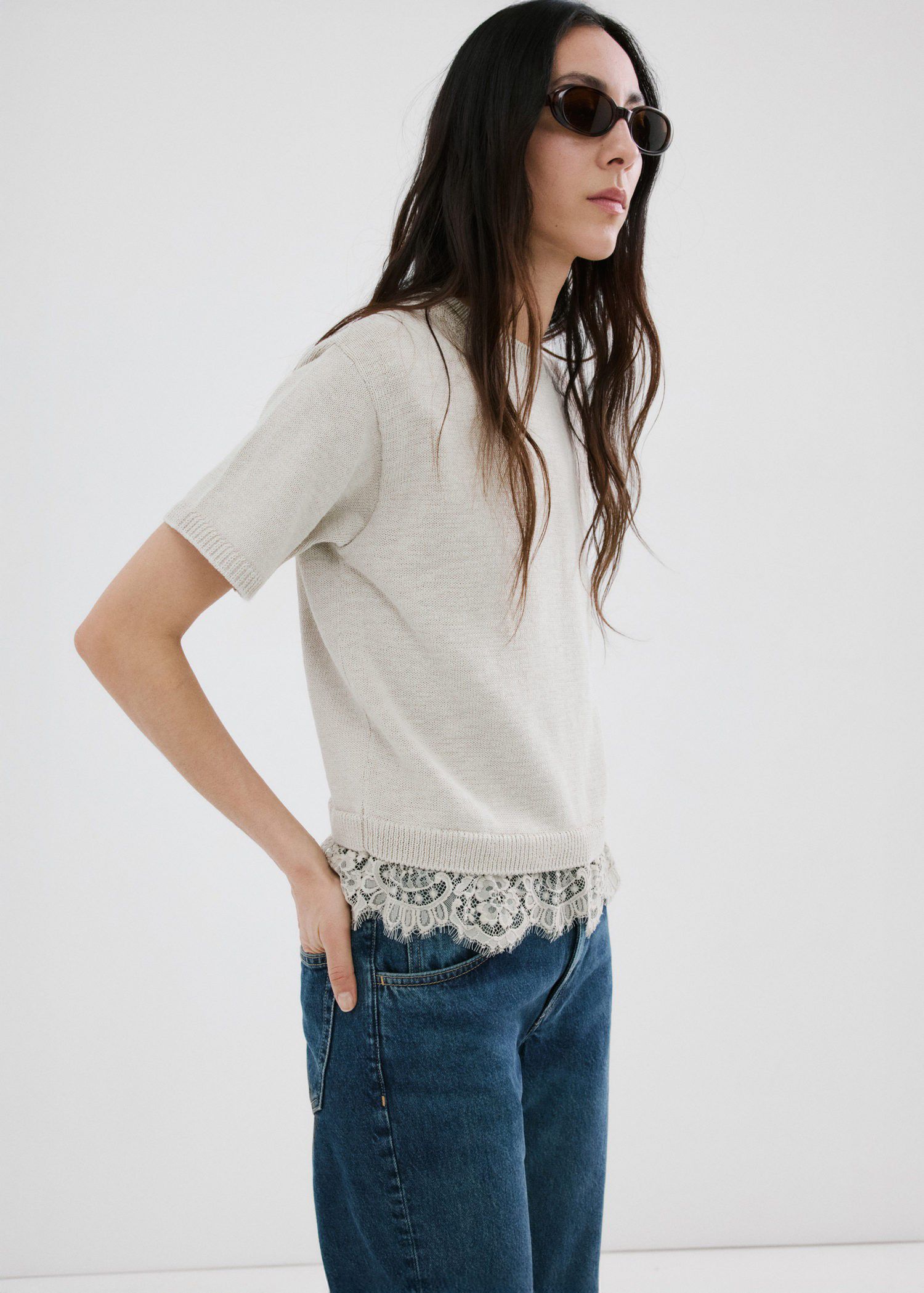 Ribbed lace-trimmed jumper