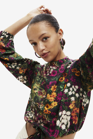 Floral cropped blouse with multi-position lacing