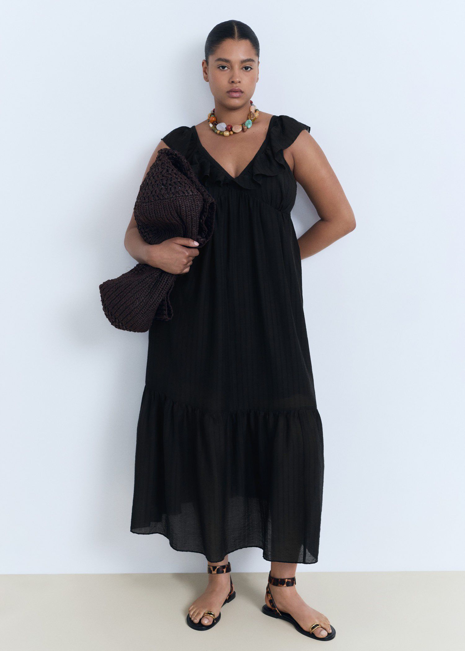 Long dress with ruffle neckline