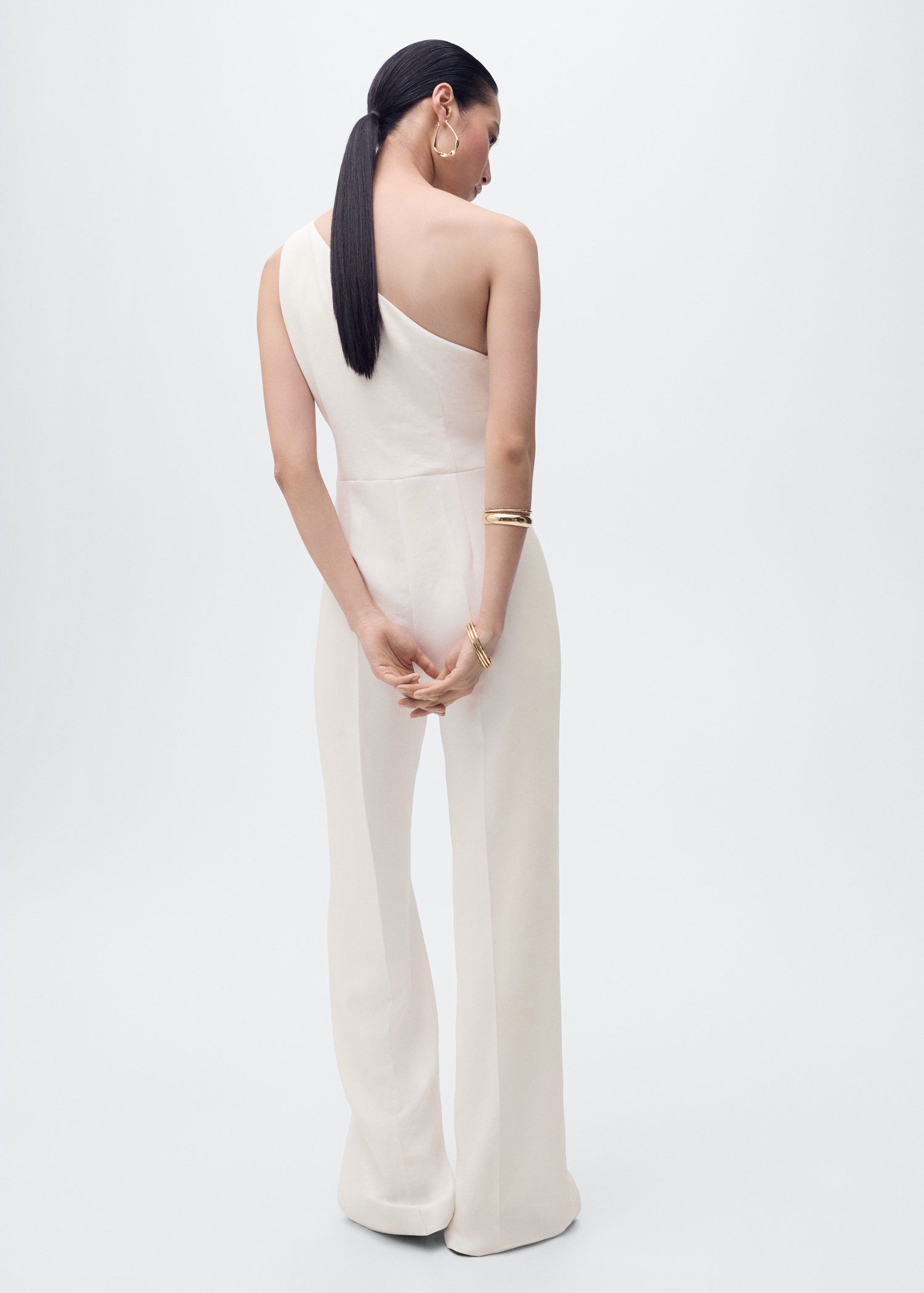Long jumpsuit with asymmetrical nec