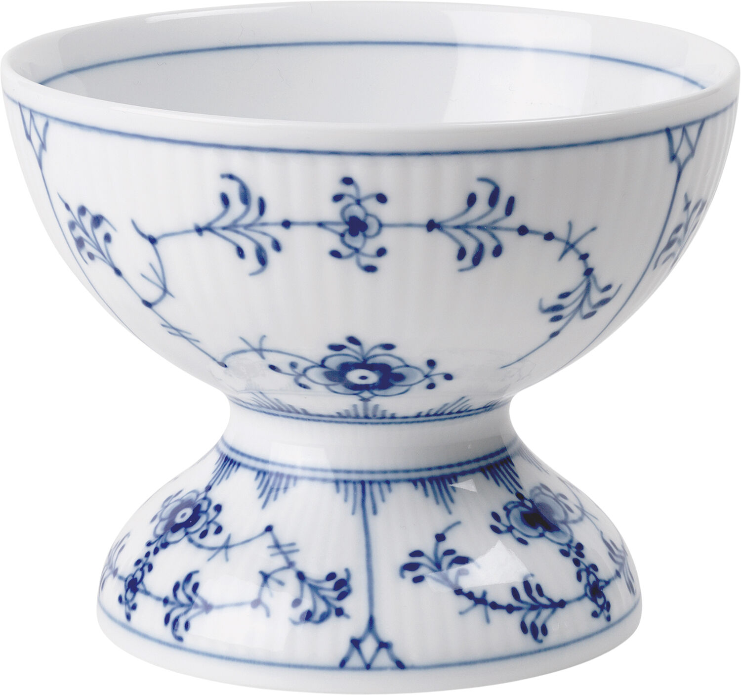 Musselmalet Riflet Sk&aring;l p&aring; fod 8 cm