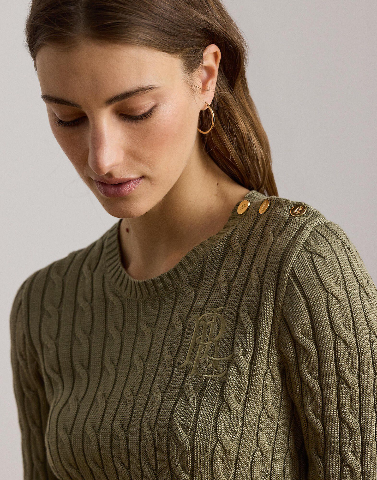 Button-Trim Cable-Knit Sweater