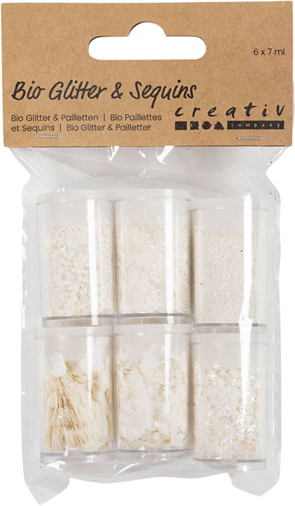 Bio-glimmer & Pailletter, s&oslash;lv, hvid, 6x7ml.