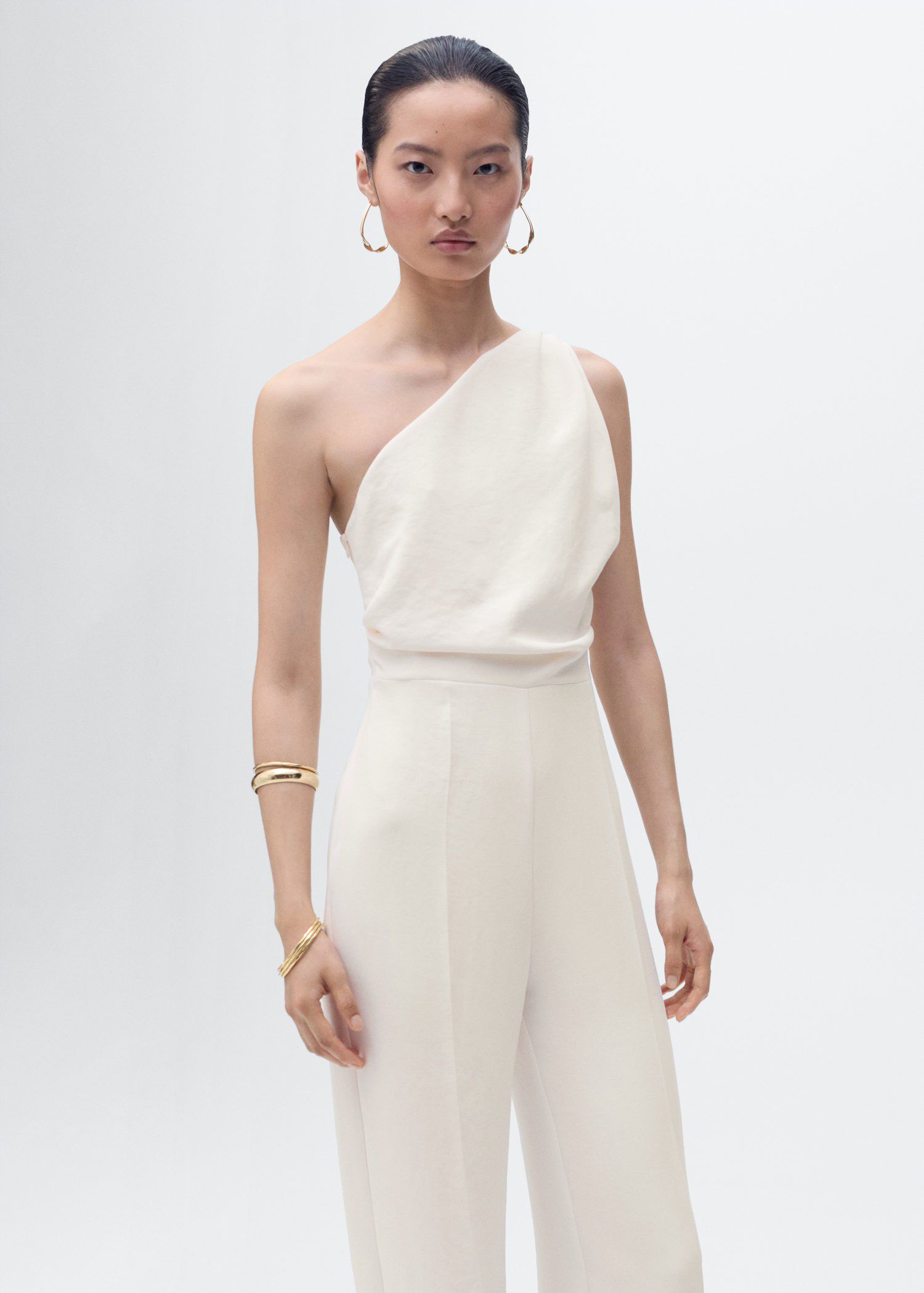 Long jumpsuit with asymmetrical nec